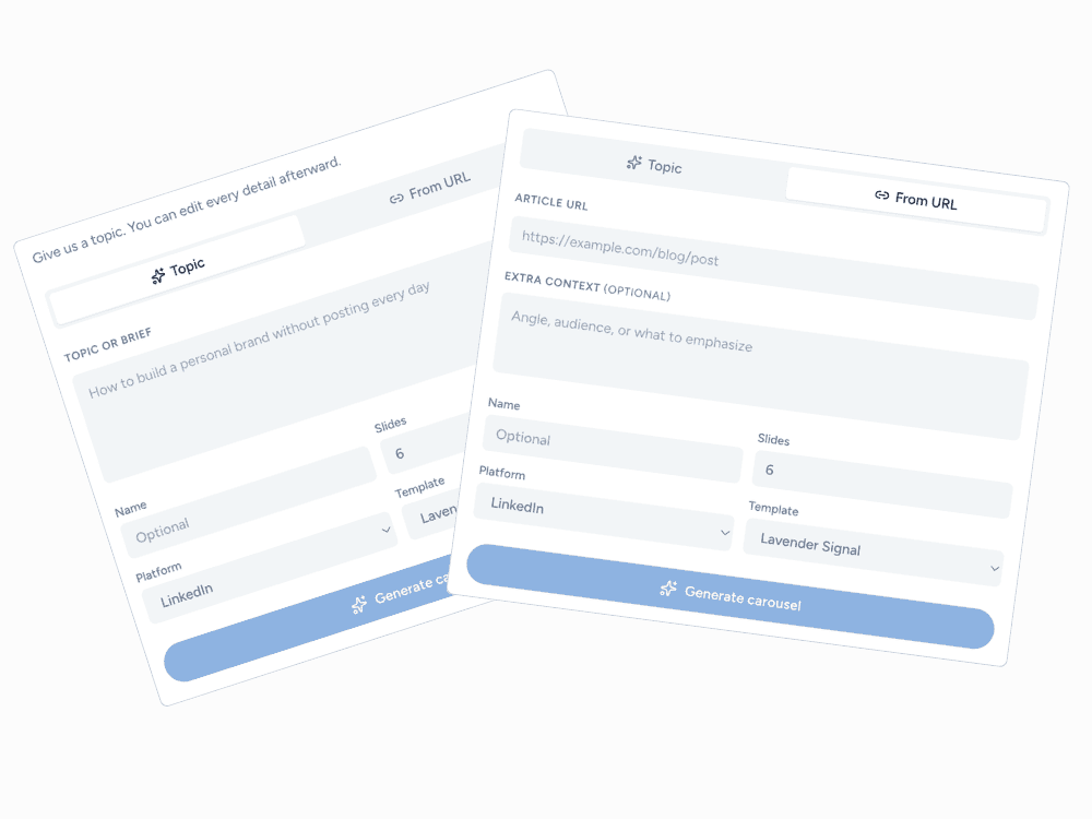 Carouselma create dialog showing the From URL tab with an article link pasted in